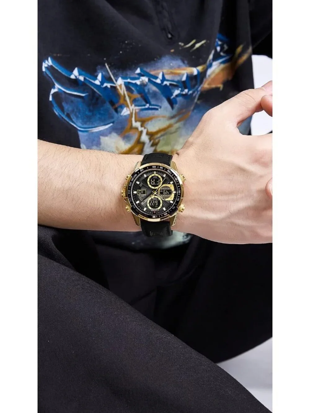 Men's Gold Black Military Digital Analog Quartz Waterproof Leather Wrist Watch